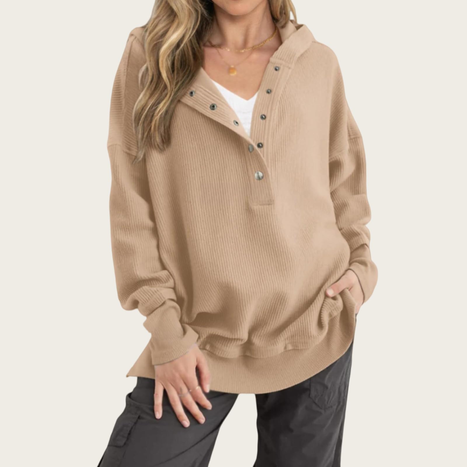 Bluza damska, luźny krój, dekolt w serek i rozcięcia z boku; odzież codzienna na jesień i zimę (Khaki, M)