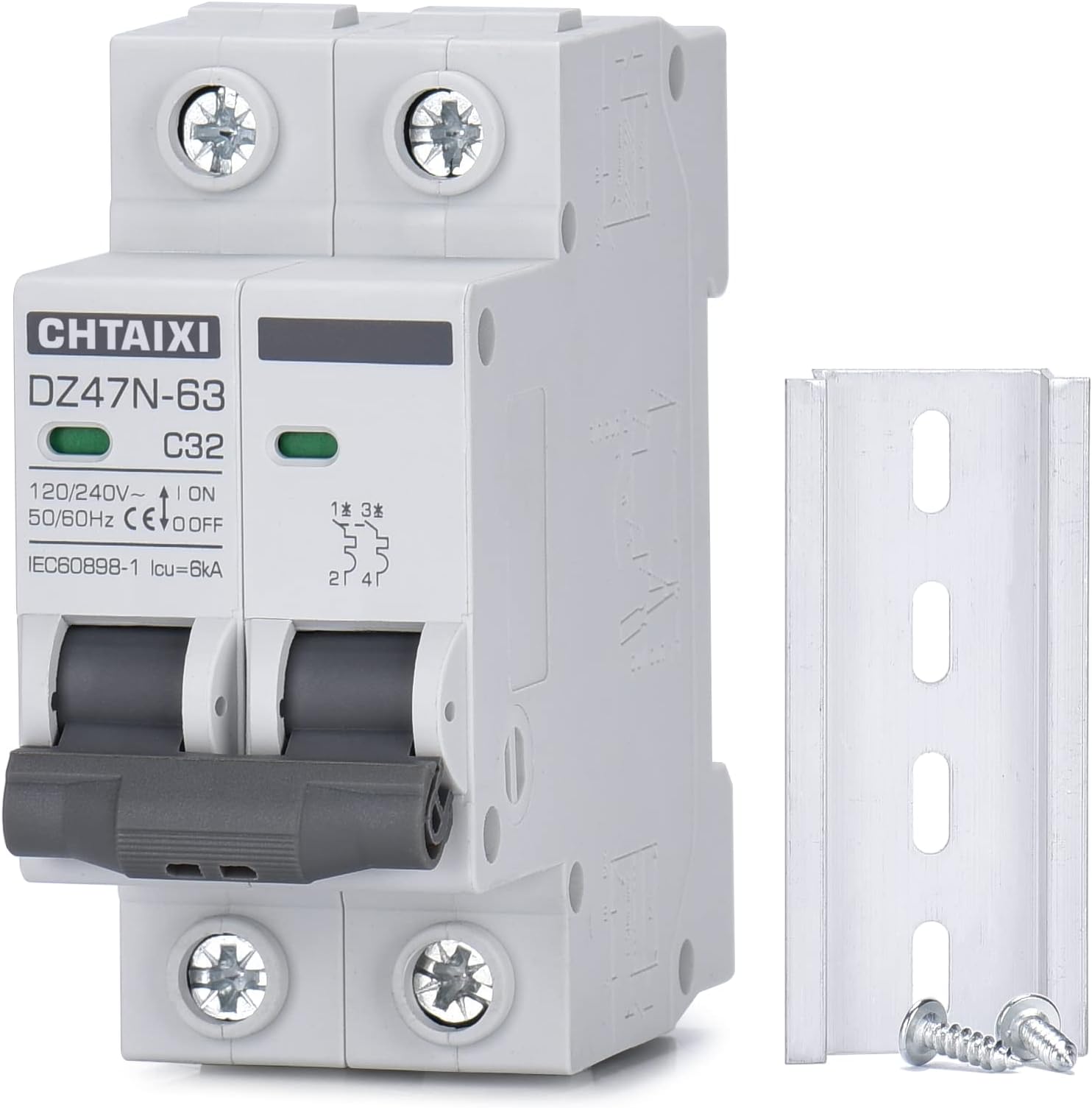 AC Miniature Circuit Breaker, 32 Amp 120V/240V 2 Pole DIN Rail Mount Circuit Breaker, Thermal Magnetic Trip, Solar AC Disconnect Switch MCB C32