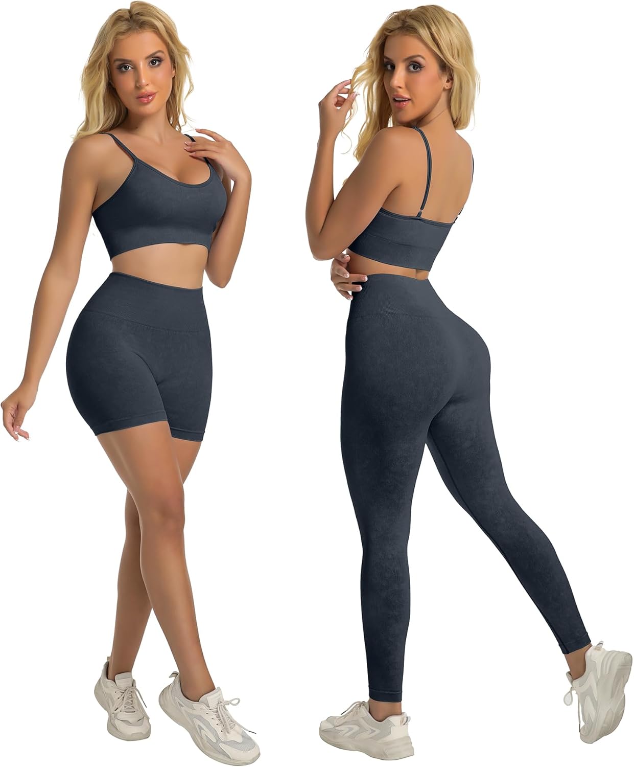 YOAKUKA Women's 4 Piece Workout Sets Seamless Acid Wash Tops Sports Bra High Waist Shorts Leggings Active Set - Image 3