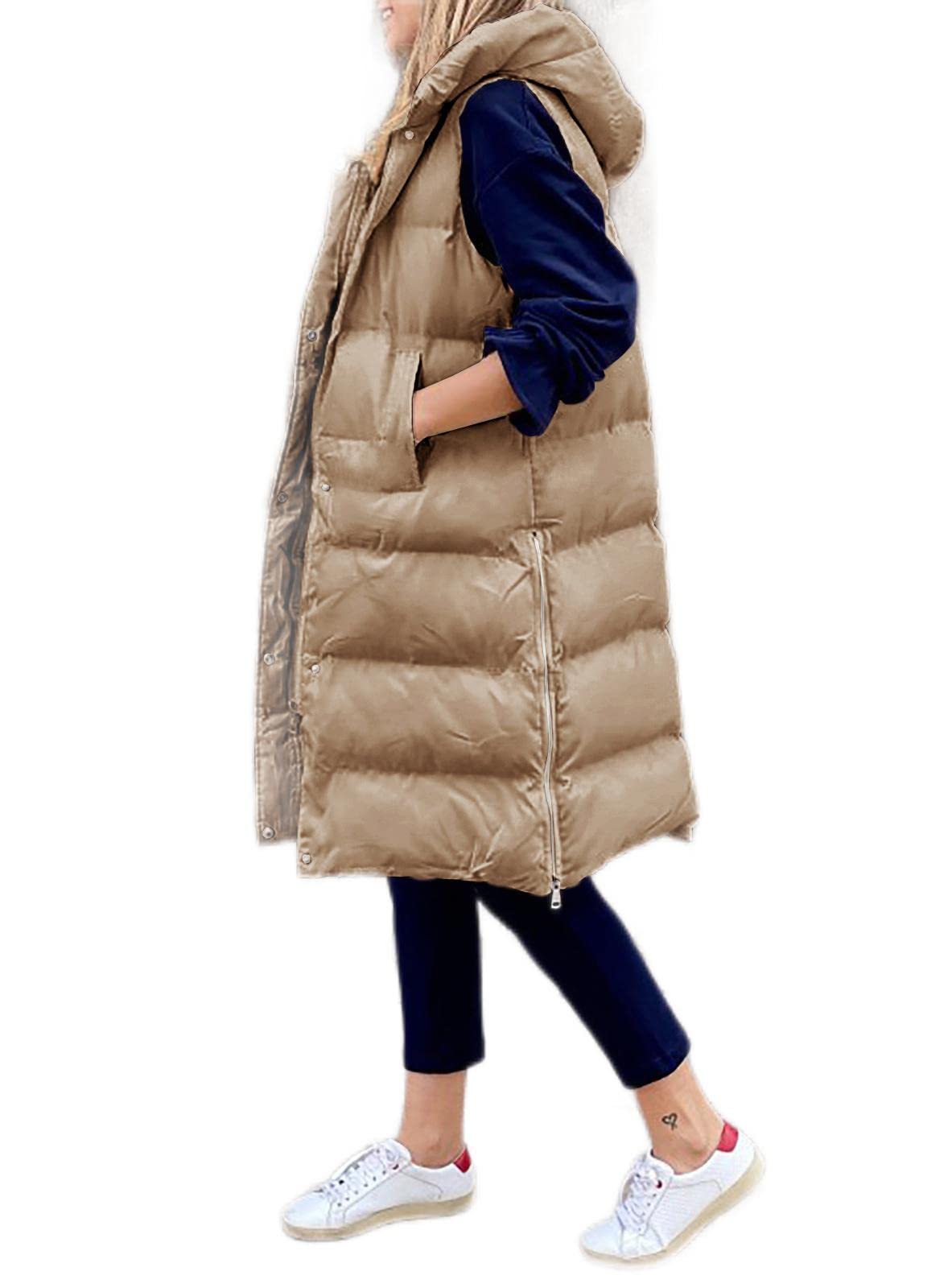 Piumino Lungo Da Donna Senza Maniche Piumino Con Cappuccio Taglia Grande Invernale Leggero Gilet Con Tasche Giacca Trapuntata Antivento,Cachi,L