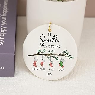 Personalized Family Christmas Ornament, White Ceramic, Hanging Tree Branch Design with Custom Stockings, Gold Cord
