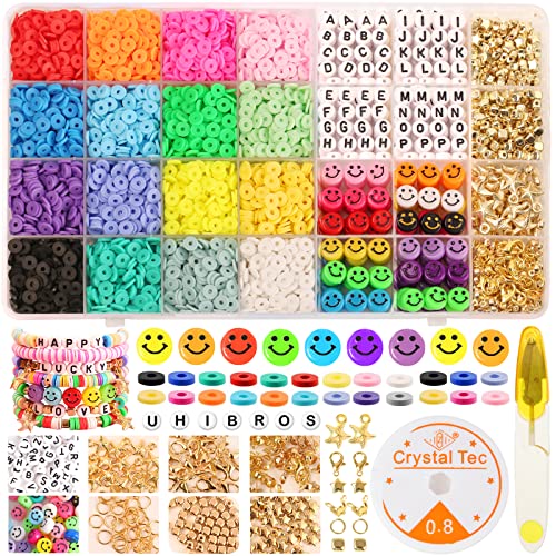 UHIBROS 5800 Pcs Clay Beads for Jewelry Making Kit with 200 Letter Beads 100 Smiley Face Beads Flat Polymer Heishi Beads DIY Arts and Crafts Kit,Gifts for Girls 6mm 16 Colors