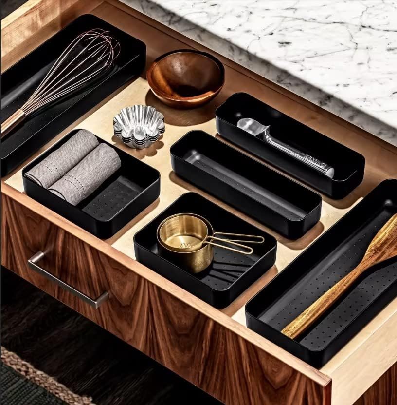 Miniatura 6 de Paquete de 9 bandejas organizadoras de cajones divisores apilables, encimera de baño de maquillaje, contenedores de escritorio de plástico para