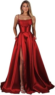 Spaghetti Straps Satin Prom Dresses with Slit Long A Line Formal Evening Party Gowns with Pockets - Buy now