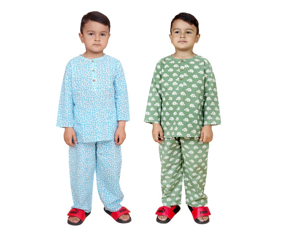 Image of Boys Cotton Night Suit | Jaipur Handblock Print Pajama Set for Kids | Boys Sleepwear | Kids Pajama Set | Baby & Toddler Sleep Suit | Combo Pack of 2