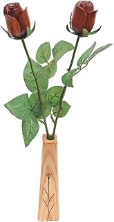 5th Year Wedding Anniversary 2-Stem Hand-Carved Suar Wood Roses - 18 Inches Tall with Oak Vase - Wood
