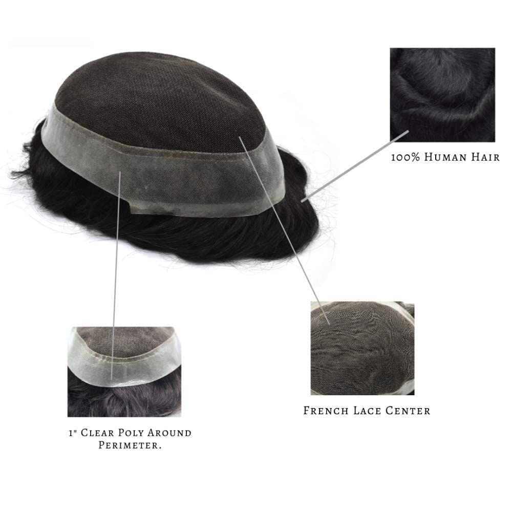 US Toupee For Men Hair Units French Lace Hair Pieces Real Human Hair With Clear Poly Skin Aroud Mens Toupee Mix Gray Hair Breathable Men Hair Replacement Systems US Stock. (8X10"-120% medium light to medium density, 2# DARKEST BROWN)