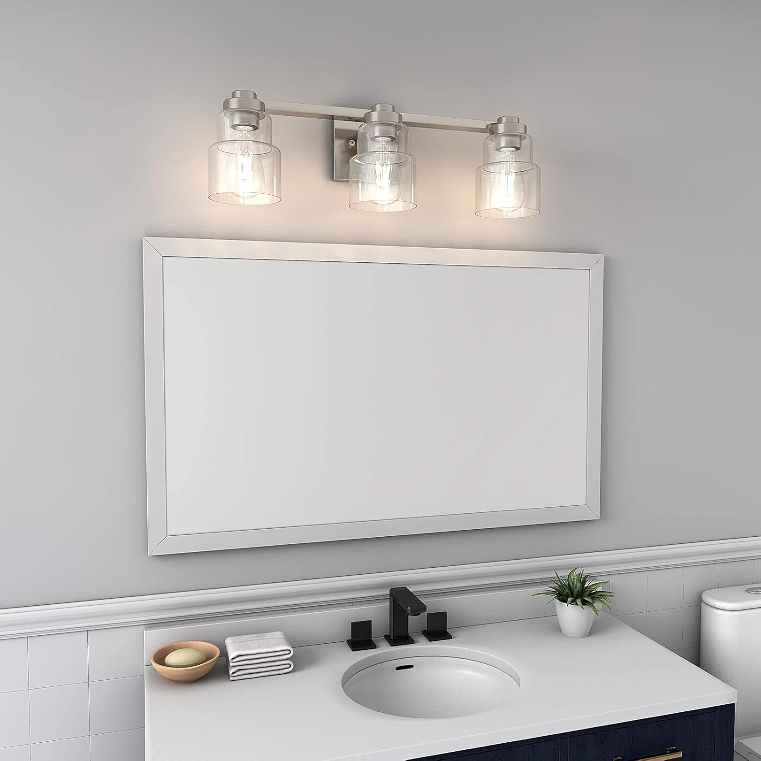 Big Sale VELLAA® Wall Sconces 3 Light Bathroom Vanity Light Fixtures Brushed Nickel Chrome With Modern Clear Glass Shade Over Makeup Mirror, Black, Rustic Vintage Interior Wall Mounted Bath light For Farmhouse