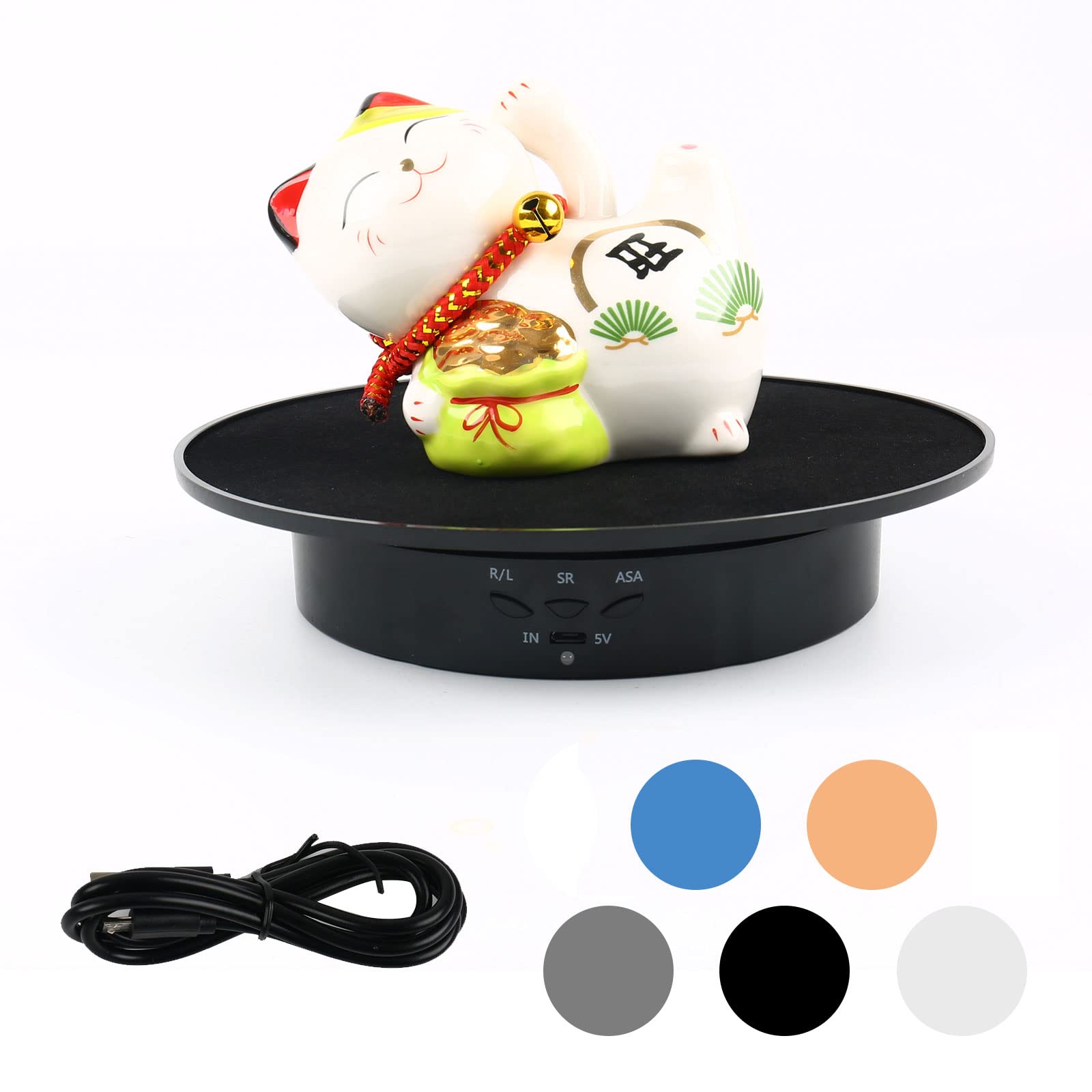 Expositor motorizado, bandeja giratoria de 20 cm, bandeja giratoria eléctrica con base giratoria, 5 fondos de PVC, carga de 8 kg (ante negro)