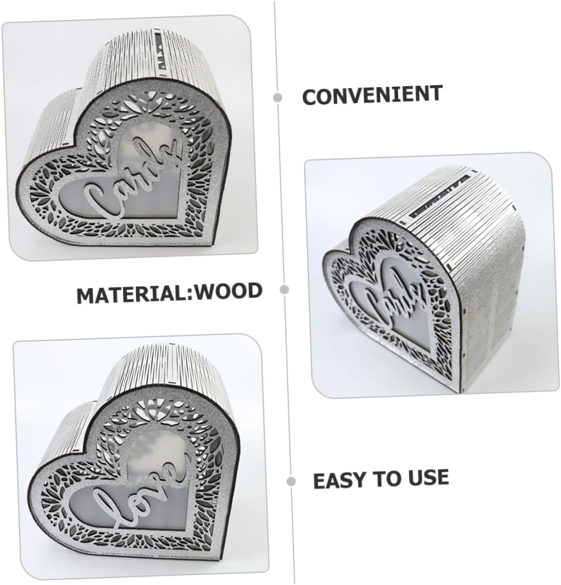 Angoily Wooden Heart Card Box Decorative Hollow Glitter Wedding Reception Envelope Greeting Cards Holder Anniversary Graduation Party Storage Container