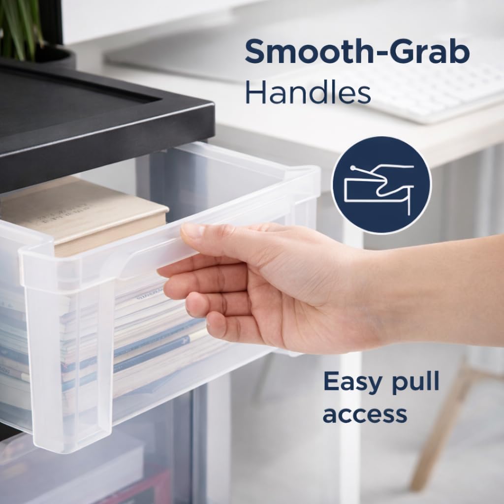 4-Drawer Narrow Plastic Storage Cart with Wheels | Rolling Organizer for Kitchen, Desk | Durable Black Storage Drawers, Stackable & Multi-Purpose | Under Desk Storage Solution