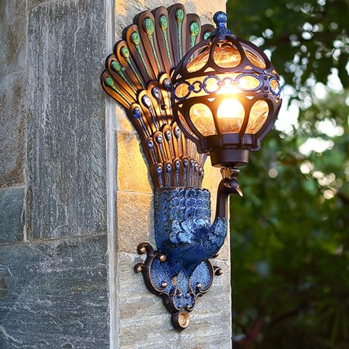 Peacock Wall Light Vintage Outdoor Wall Sconce with Amber Glass Shade, Cast Aluminum, IP65 Waterproof, Hardwired,Retro Antique Design adds Timeless Charm to Your Home (Color,M)