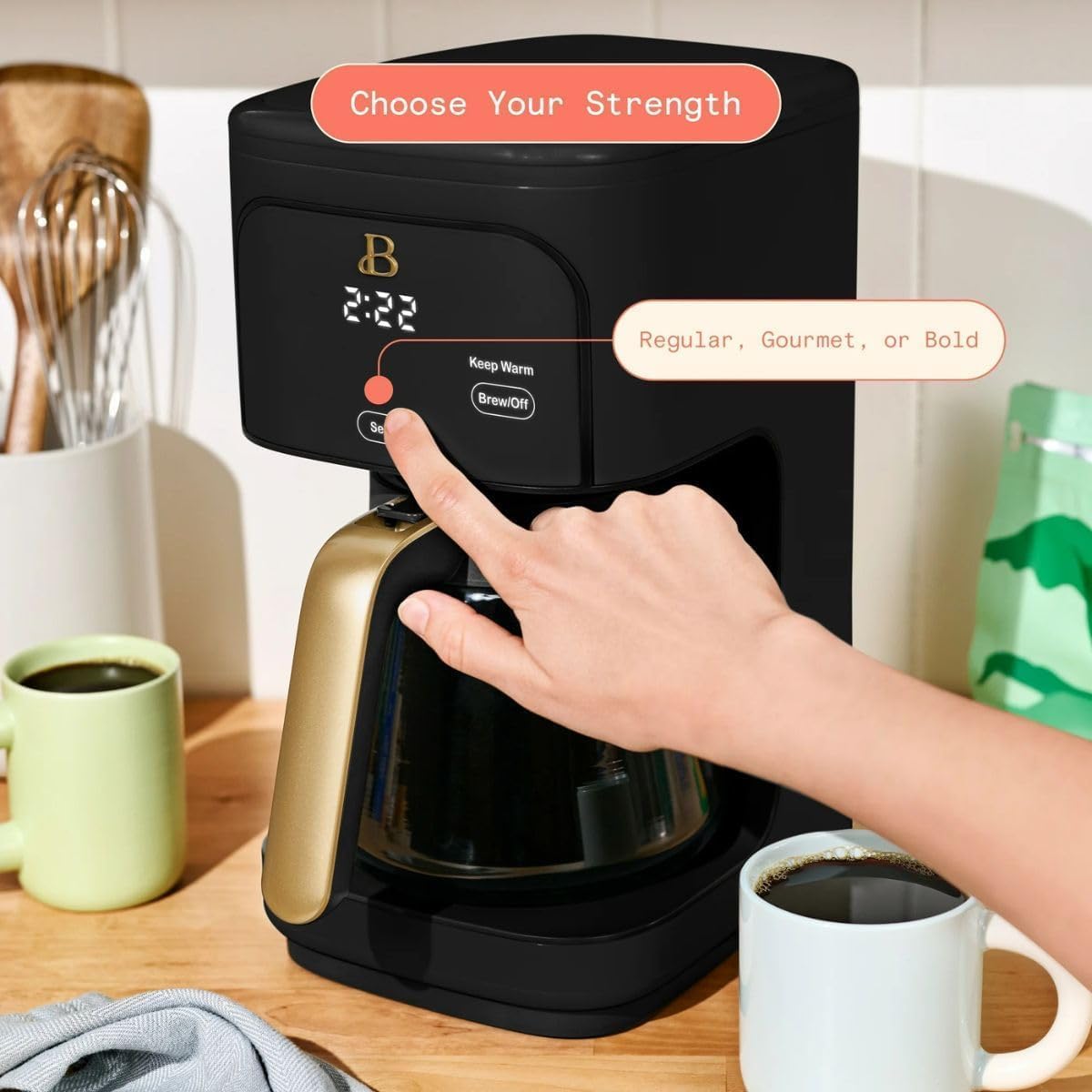 B- 12-Cup Programmable Coffee Maker with Touch-Activated Display, Auto Brew Timer, Reusable Filter & Large Glass Carafe (Black Sesame) ( little damaged; see the picture)