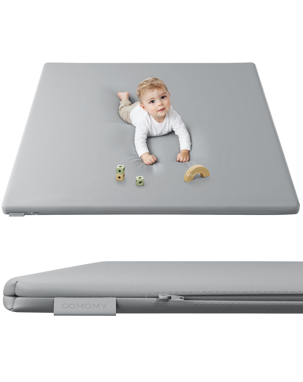 COMOMY Cuero Vegano Alfombra Bebe Acolchada Plegable, 127x127x3 cm Extra Grueso y Suave Colchoneta Bebe Suelo, Impermeable y No tóxico Tapete Bebe para Parque Infantil, Gris