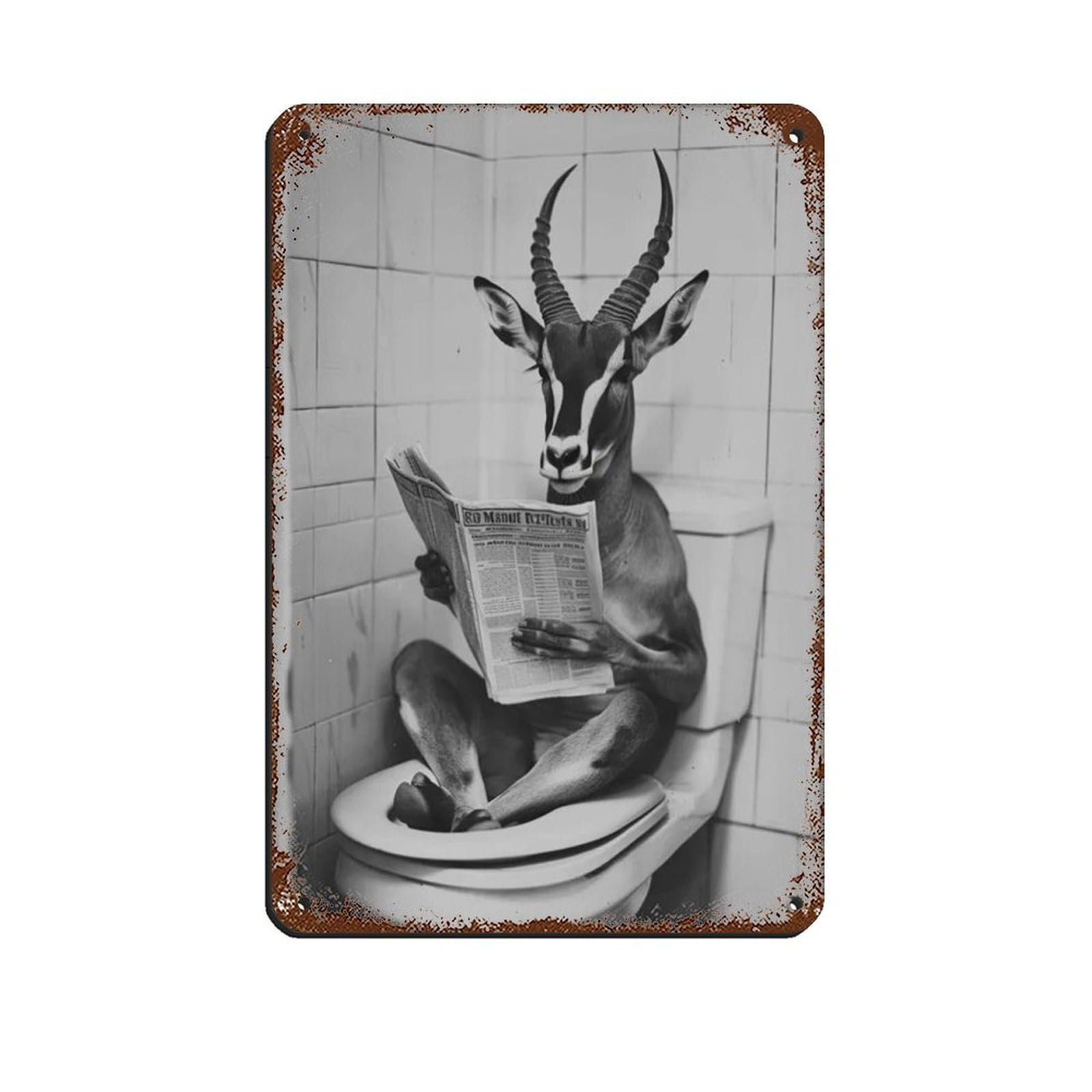 Impala Sitting on The Toilet Reading A Newspaper Retro Poster Metal Tin Sign Chic Art Retro Iron Painting Bar People Cave Cafe Family Garage Poster Wall Decoration 8x12inch(20x30cm)