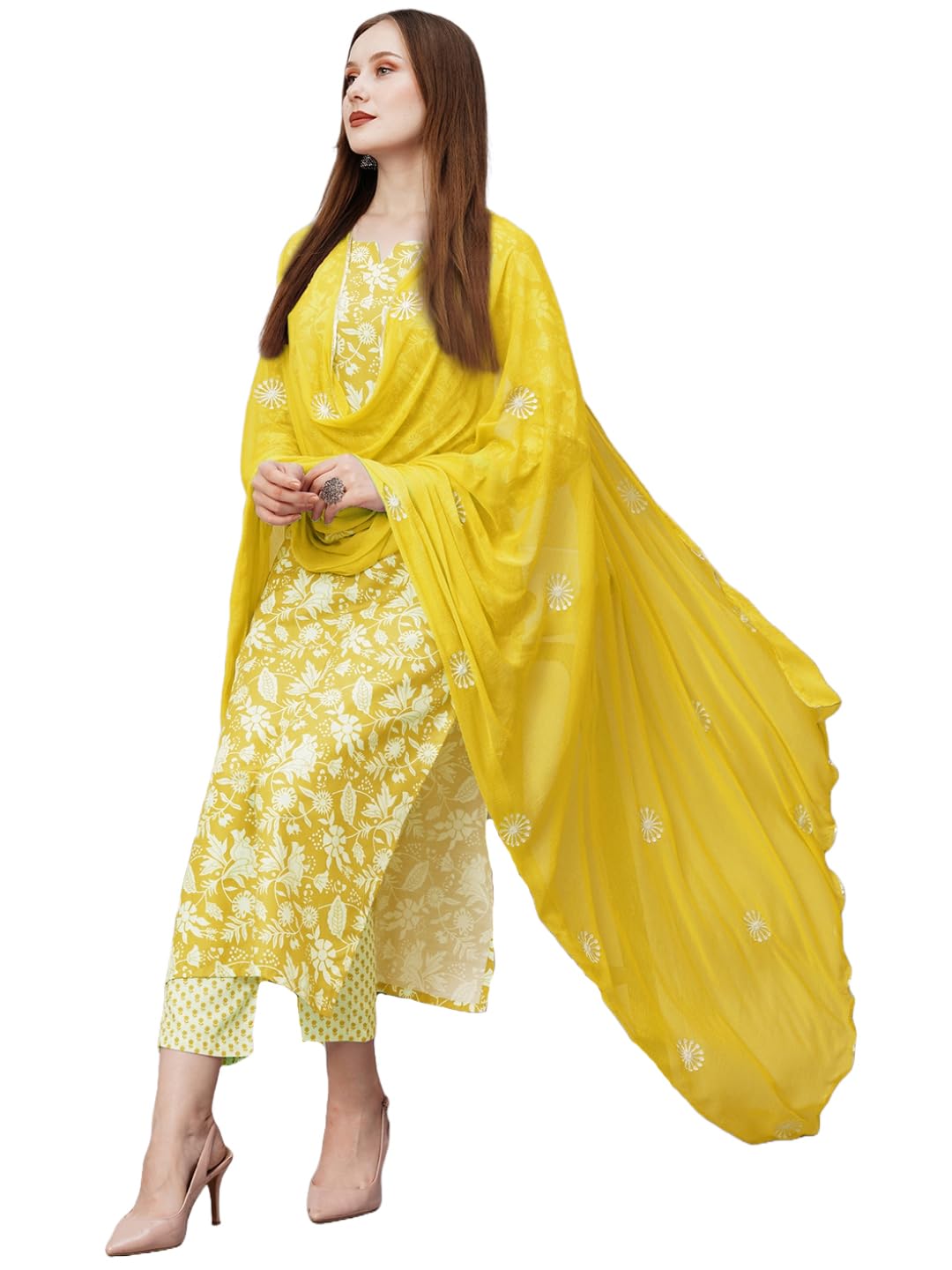 GoSriKi Womens Cotton Blend Straight Printed Kurta with Pant & Dupatta (MEI Yellow-GS_XXL_Yellow_XX-Large) (B0D2NF75GS) Amazon Price History, Amazon Price Tracker