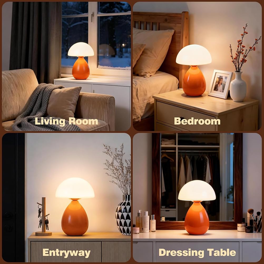 AoLa Pilzlampe Orange LED Pilz Tischlampe mit Kabel und Schalter Dimmbar Tischleuchte lnnen mit Stecker Orange Nachttischlampe Glas Modern Dekorative Lampe für Wohnzimmer Schlafzimmer, 3000K