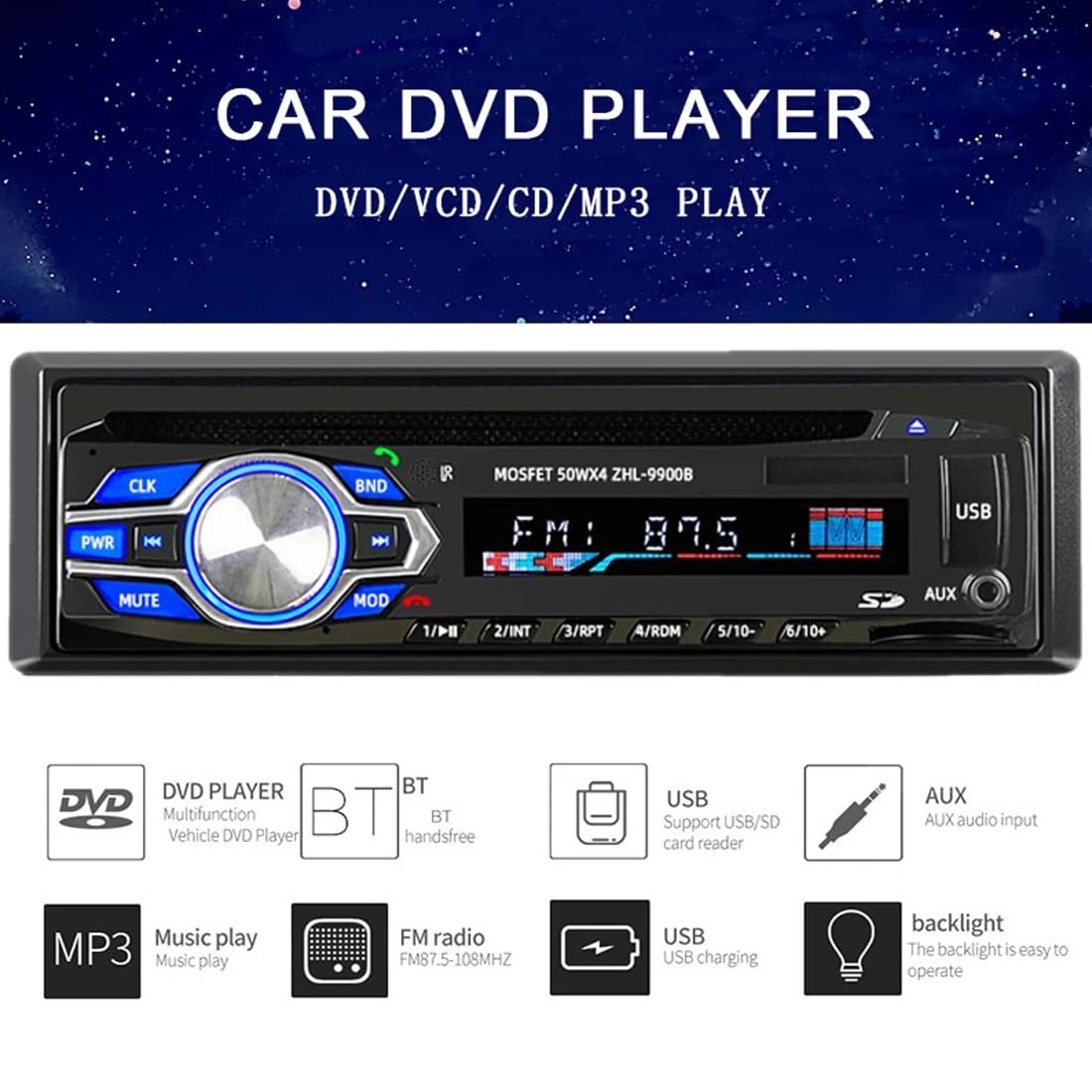 1 Din 12V Voiture Lecteur DVD CD véhicule MP3 stéréo Voiture Mains Libres Autoradio BT Audio Radio 5014 Voiture-Style télécommande sans Fil
