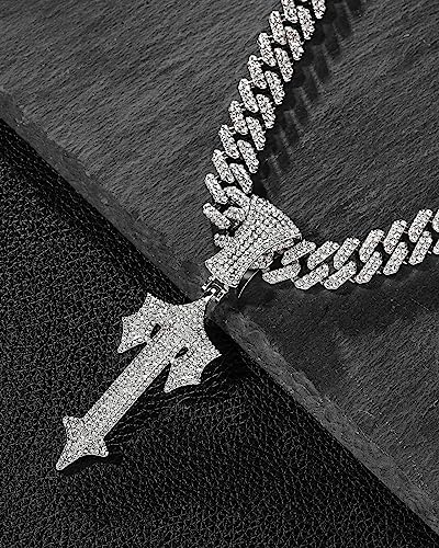 LuxeFlex Hip Hop Cross Sword Necklaces with 12MM 20" Miami Cuban Link Chain, Iced Out Diamond Initial T Pendant Necklace, Alphabet Letter Pendant Choker, Trendy Rapper Jewelry for Men Women3