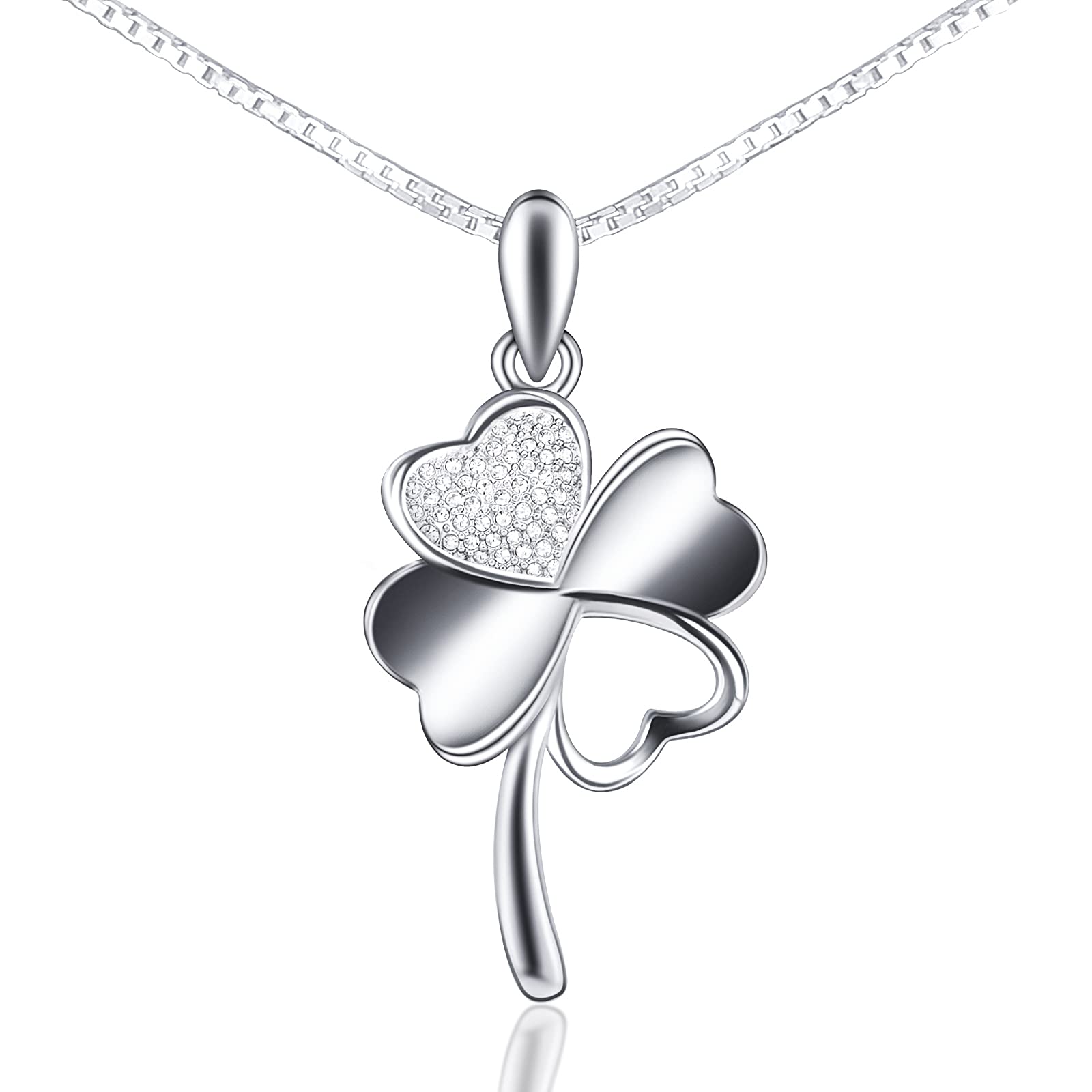 Four Leaf Clover Necklace Sterling Silver Shamrock Good Luck Charm Pendant for Women Girl Mom Daughter Birthday Gift