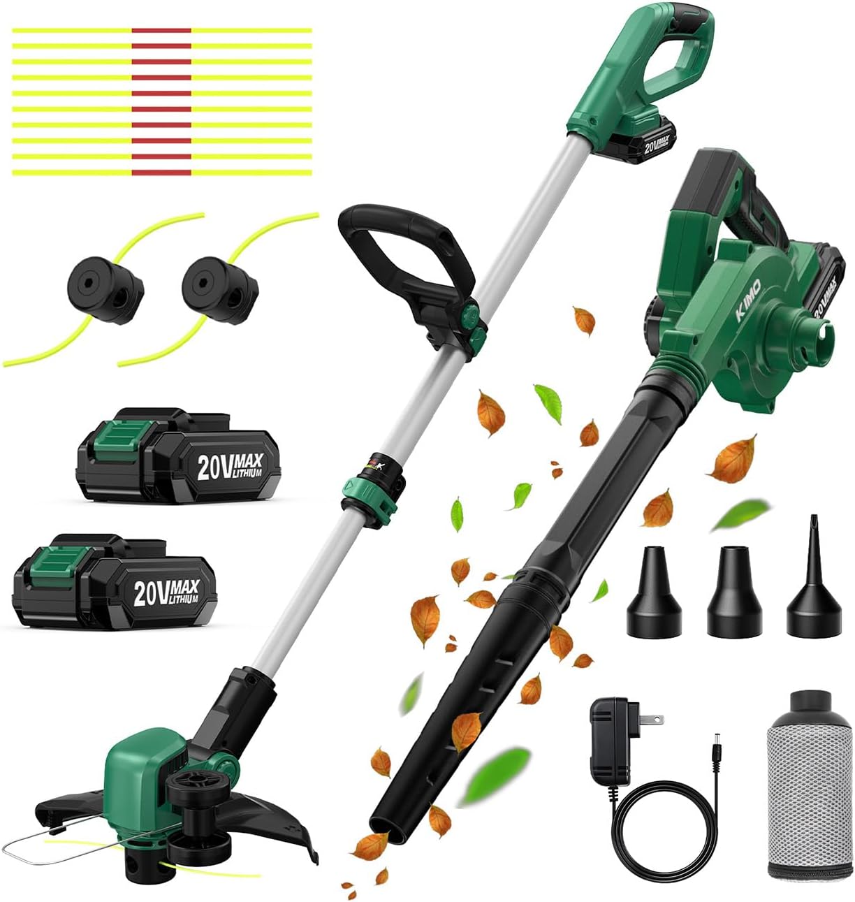 KIMO 20V Weed Wacker and Blower Combo w/2 x 2.0Ah Battery & Charger, 12 Inch String Trimmer w/10Pcs Cutting Lines, 4-in-1 Leaf Blower Cordless w/Vacuum, 3 Nozzles & 20" Extended Tube for Yard, Garden String Trimmer & Blower/ 2 Batteries