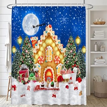 Lofaris Gingerbread House Merry Christmas ستارة دش للحمام Green Pine Tree Snowflakes هدايا رسوم متحركة حلوى سنة جديدة سعيدة لحوض الاستحمام ديكور الحمام مع 12 خطاف 72 &times; 72 بوصة