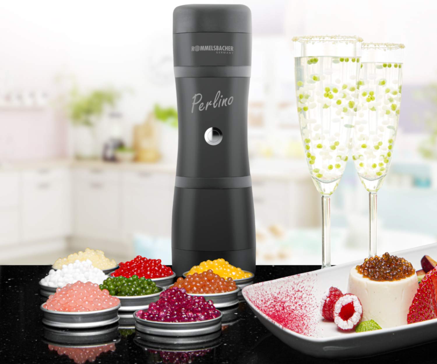 ROMMELSBACHER Food Designer FD 500 Perlino – Pour jusqu'à 500 perles de gelée par minute, 2 buses en acier inoxydable pour grandes et petites perles de gelée, capacité de 200 ml, récipient à