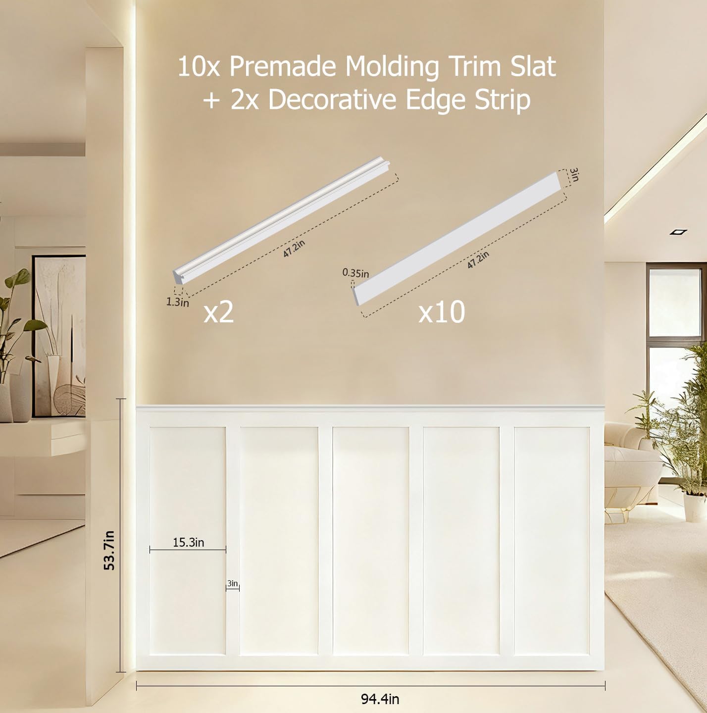 Board and Batten Wall Panel Kit,Paintable Wainscoting Panels Easy Install for Bedroom Living Room Hallway, Covers 94" x 54" Molding Trim Slat with Edge Strip, Paintable White