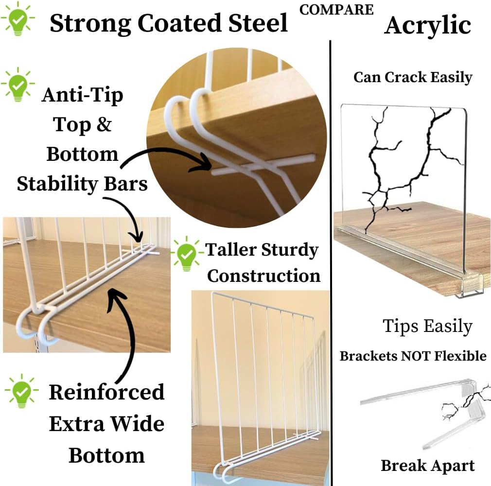 Evelots Shelf Dividers for Wood Shelf, 8 Pack Closet Organizers and Storage for Clothes, Purse, Pantry - No Crack Solid Steel Construction-12 Inch Tall Shelf Organizer -Stable Reinforced Wide Bottom