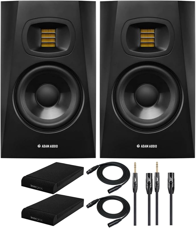 ADAM Audio T5v 5 Powered Studio Monitors, Pair (6 Items) | 5 Woofer, 1.9 U-Art Tweeter, 45-25khz, 70W Total, Incl. Isolation Pads, 2×10ft Trs→xlr and 25ft Xlr, (2 Pack)