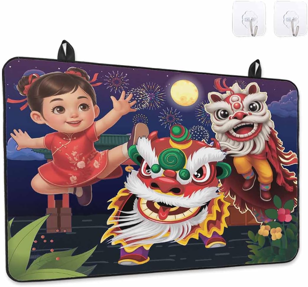 Happy New Year Stove Top Cover for Electric Stove, Cartoon Girl Oriental Dance Lions Fireworks Heat-proof & Non Slip Glass Top Stove Cover Protector, Kitchen Flat Cooktop Rubber Mat 28.5x20.5 Inches