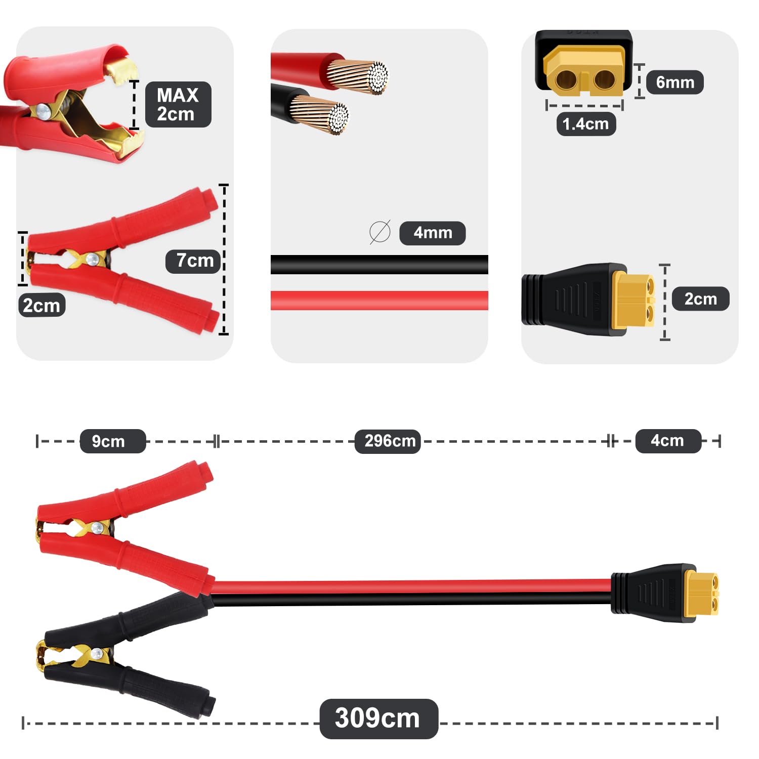 YINGAYOU XT60 to Alligator Clips Cable 12V 24V 14AWG 20A Alligator Clips Clamp to XT60 Extension Cable - Image 4