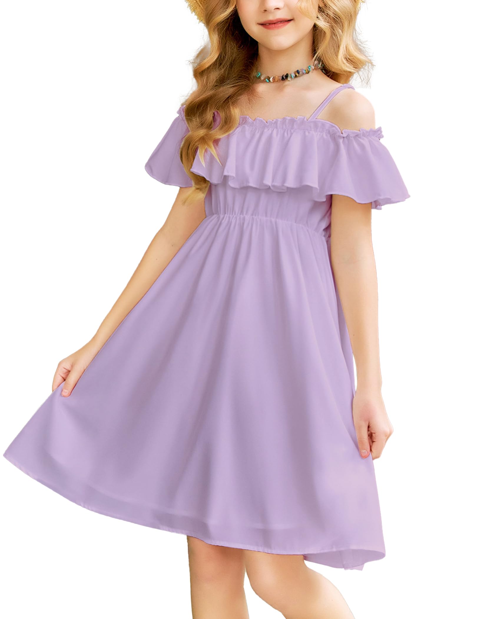 Arshiner Girls Summer Floral Ruffle Sundress Cold Shoulder Casual Holiday Dresses