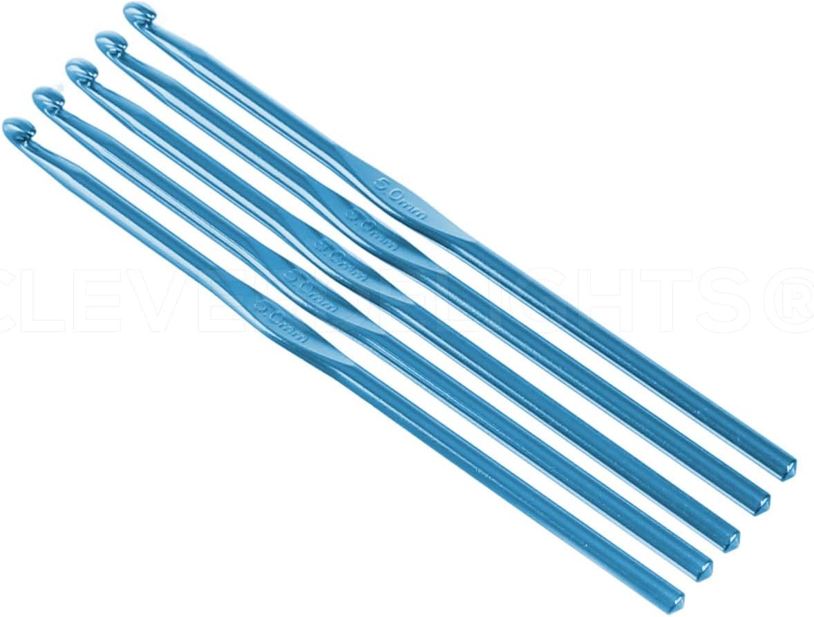 CleverDelights 50 Pack 5mm Crochet Hooks - 5mm Diameter (US Size H-8) - Smooth Aluminum Crochet Hook Knitting Needles - 6 Inch Length - Bulk Lot