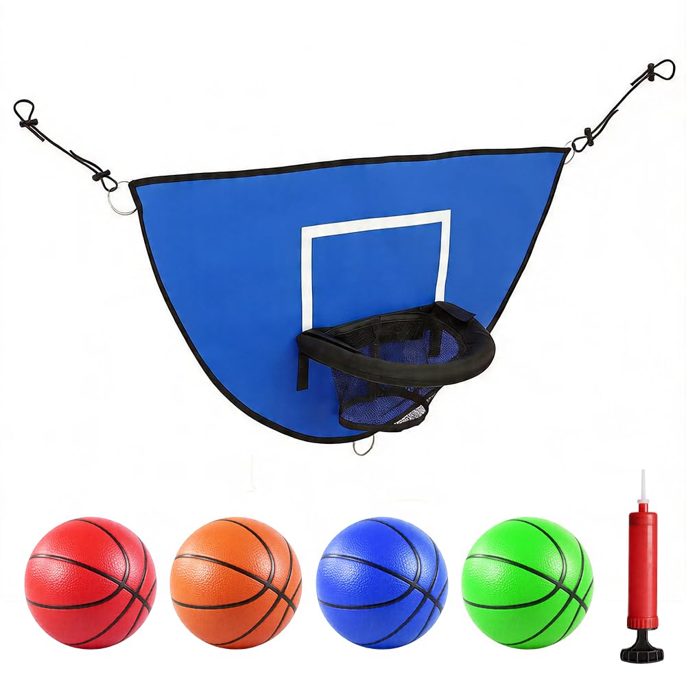 Trampolin Basketballkorb, 98 * 50cm Basketballkorb für Trampolin mit 4 Mini Aufblasbare Basketbällen, Basketball Korb für Trampolin, Trampolin Zubehör für Innen und Außenbereich (Blau)
