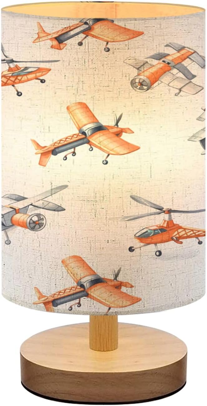 Bedside Lamp for Bedroom, Retro Planes Watercolor Seamless Pattern Small Lamp, Linen Lampshade Table Lamp, Dimmable Nightstand Lamp with Woodbase for Living Room Office