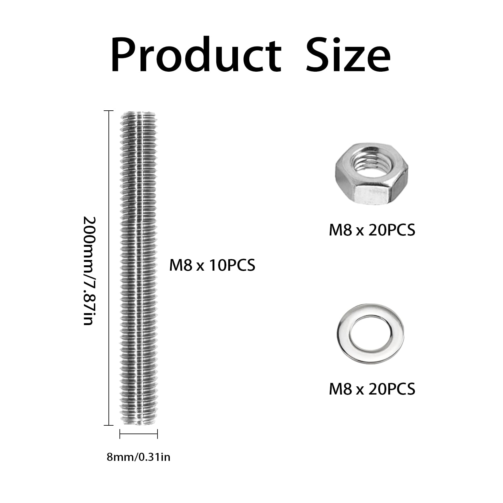 10 barre filettate M8 x 200 mm, con 20 dadi esagonali e 20 rondelle, barre filettate in acciaio inox, per costruzione di mobili, montaggio a macchina