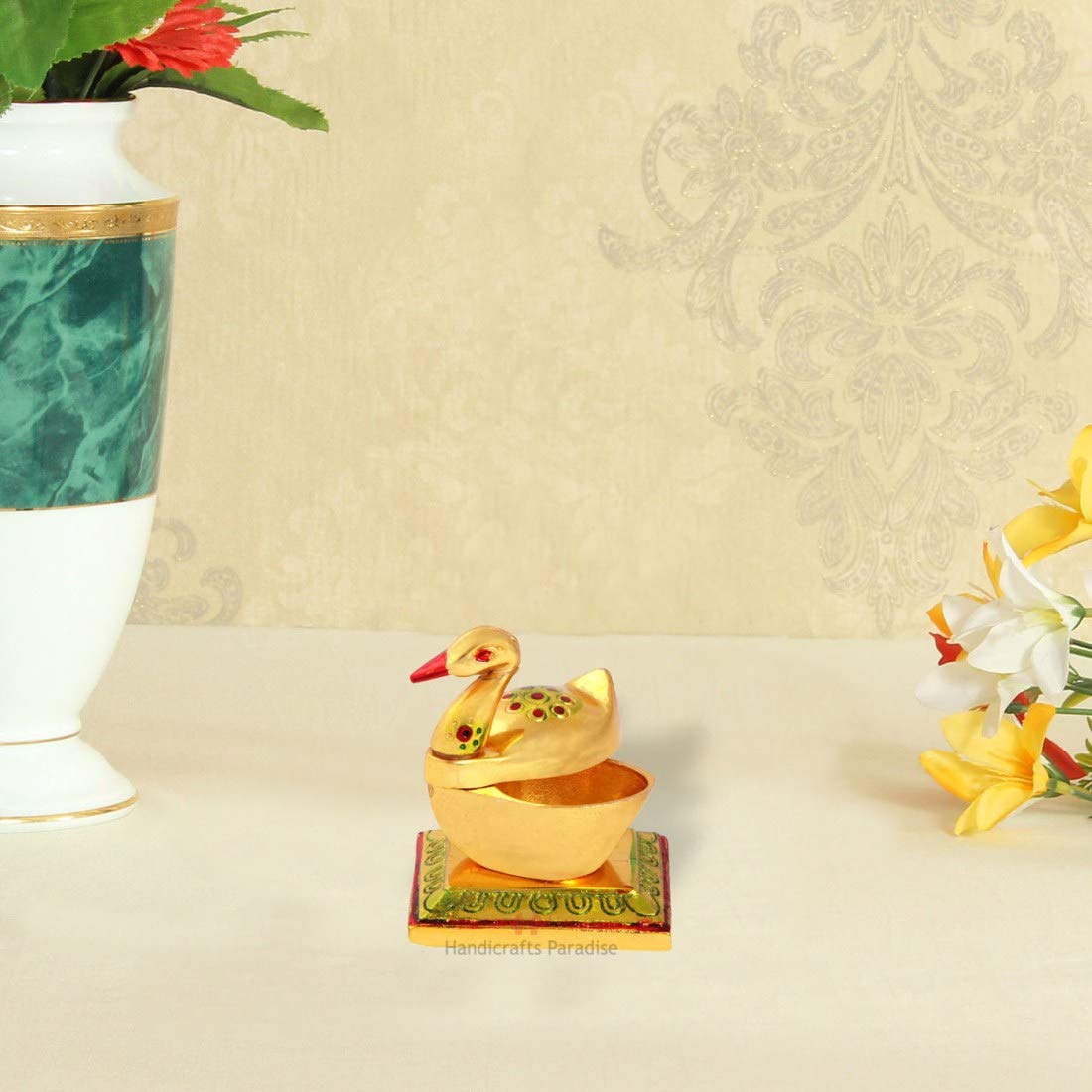 Handicrafts ParadiseRoli Tikka haldi kumkum Holder in Metal swan Shaped with Enamel