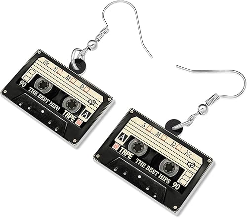 Miniatura 2 de Pendientes de cinta de casete retro de los años 80 y 90 de acrílico cuelgan música clásica de audio joyería para mujeres, regalos encantos