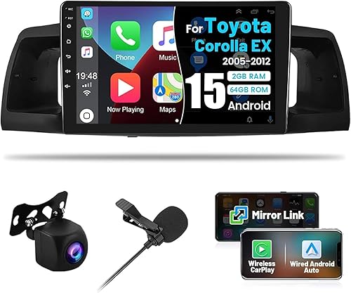 Roinvou 2G+64G Radio Android para Toyota Corolla EX 2005-2012 con Carplay inalámbricoAndroid Auto, pantalla táctil de 9 pulgadas para Corolla con