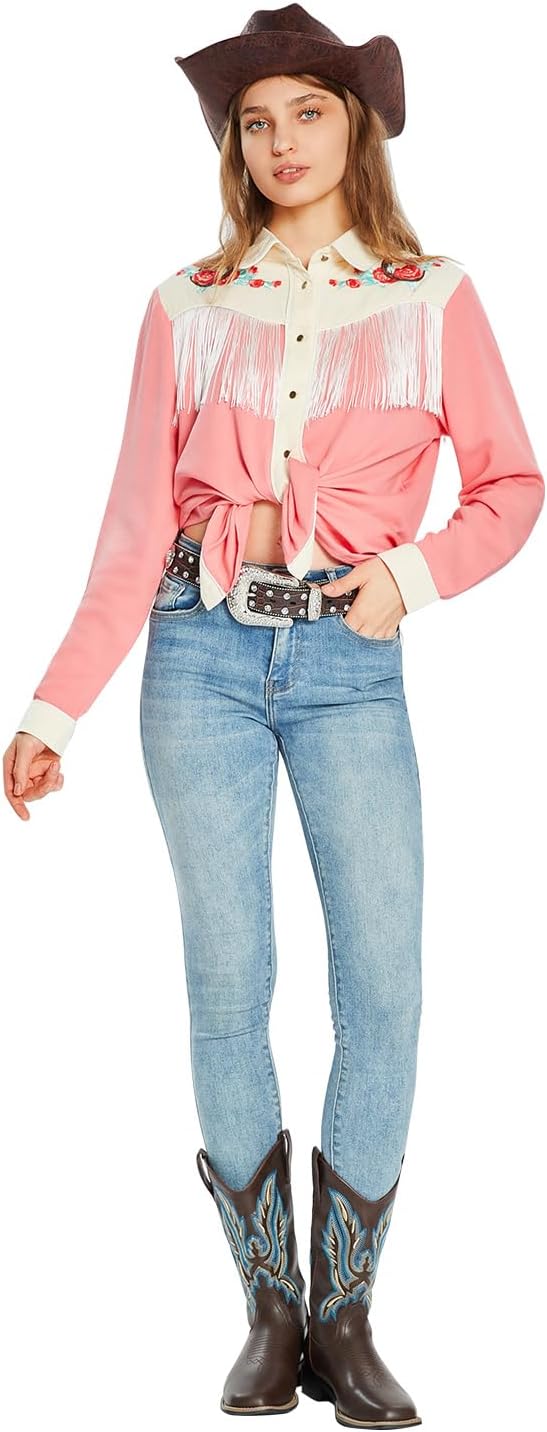 JOHN MOON Women's Fringe Western Shirts Floral Embroidered Button Down Shacket Rodeo Cowgirl Country Top Long Sleeve - Image 4