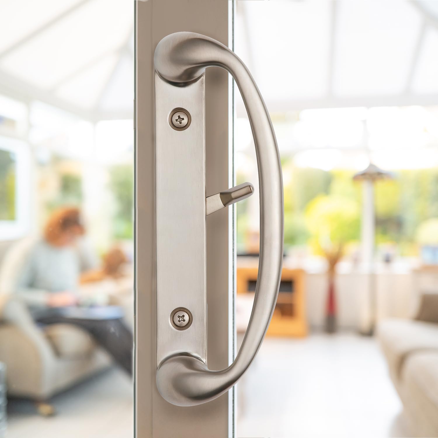 Rockwell Security Sonoma Sliding Patio Door Handle Set Brushed Nickel Finish Fits 1-3/4 Inch Thick Doors with 3-15/16 Inch Screw Holes