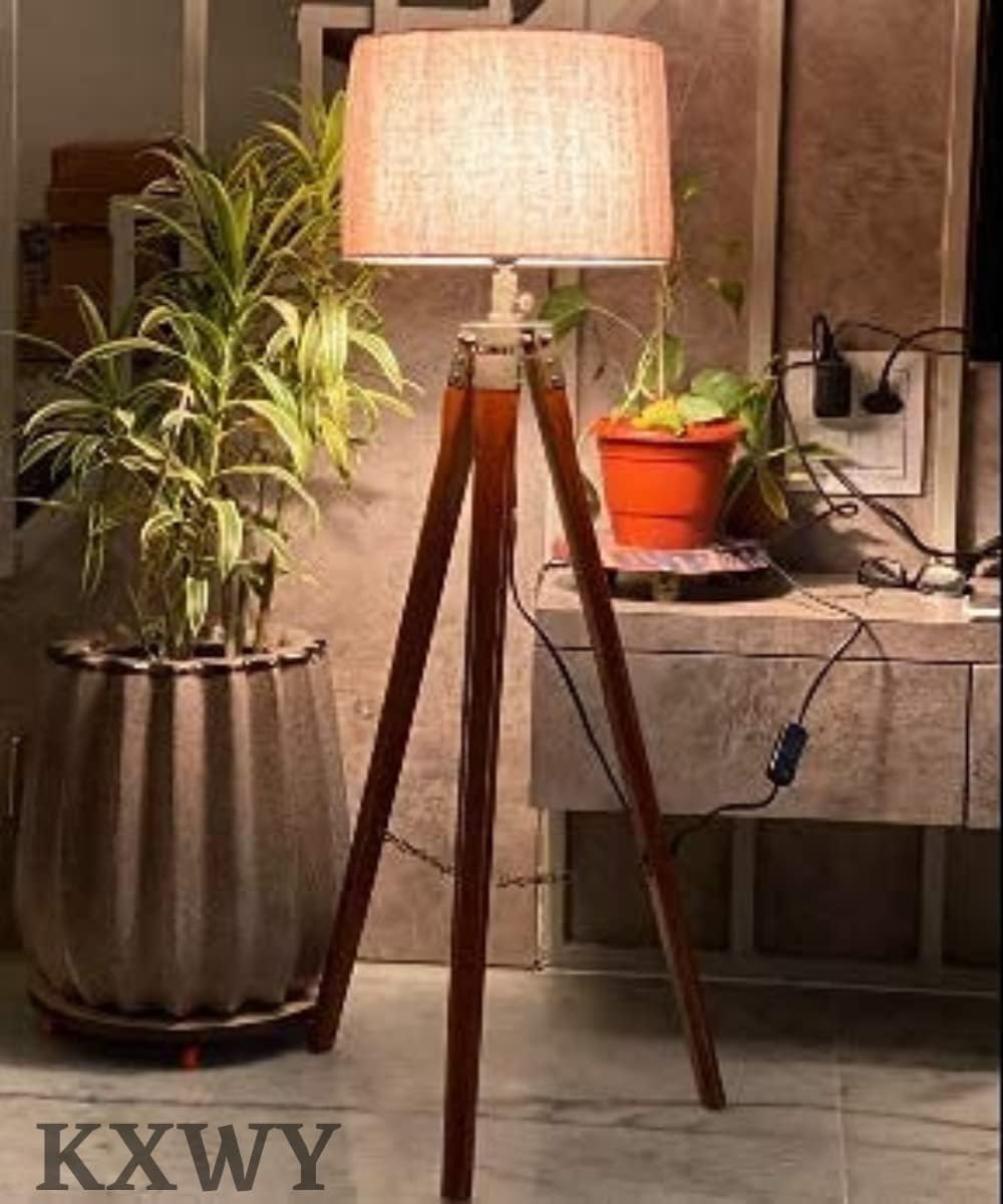 KXWY Jute Shade Italian Wooden Tripod Floor Lamp for Living Room, Bedroom - Adjustable Modern Lamp with Brown Stand with LED Bulb Included Pack of 1