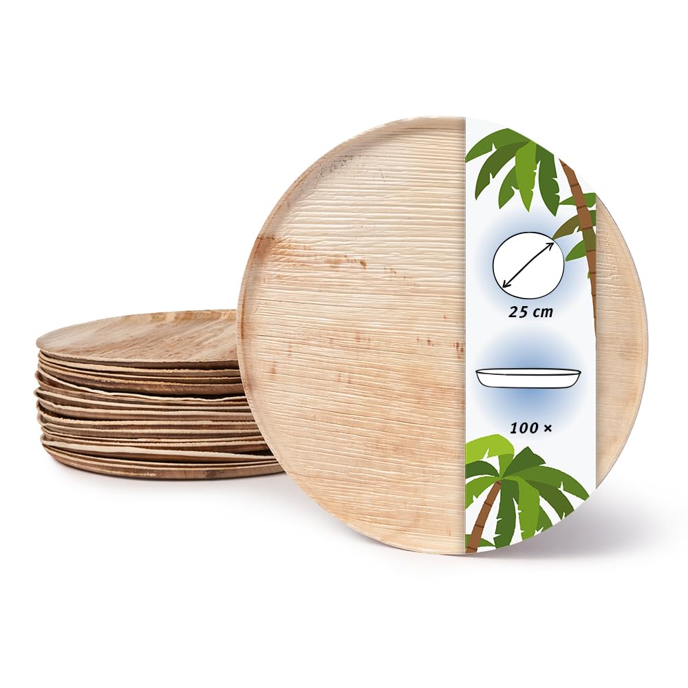 Palmware - Plato Pizza desechable hecho de hojas de palma Vajilla Desechable Fiesta I 100 x plato redondo plano 25 cm con borde I vajilla de hoja de palma biodegradable y compostable
