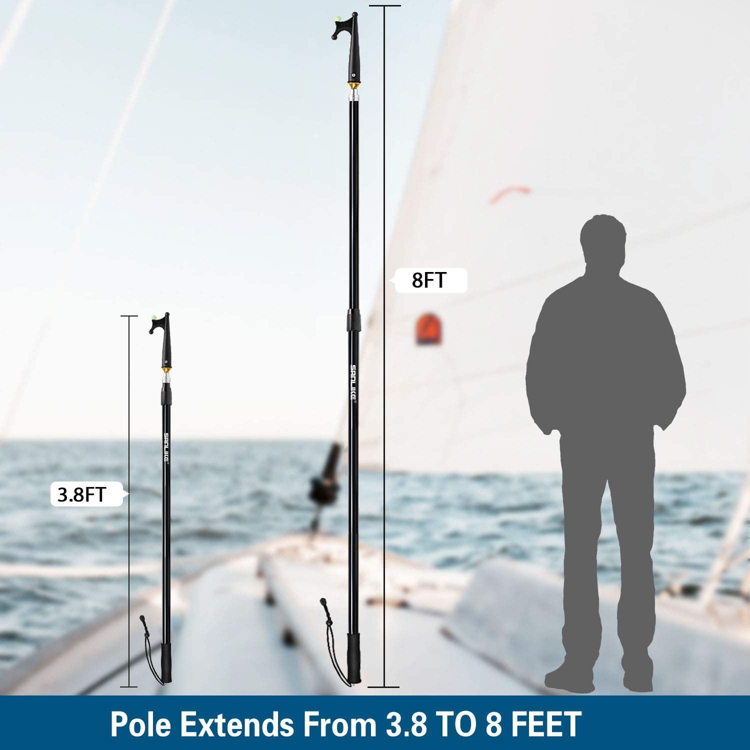 SAN LIKE Telescopic Boat Hook - Floating,Durable,Rust-Resistant with Luminous Bead,Black Push Pole for Docking Extends from 3.8Ft to 8Ft
