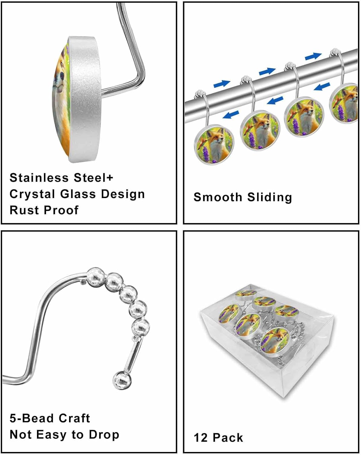 Shower Curtain Hooks 12 Pcs Fox Hummingbird Lavender Flowers Oil Painting Stainless Steel Rust Proof Rolling Shower Curtain Rings, Decorative Shower Curtain Hooks Hangers for Bathroom