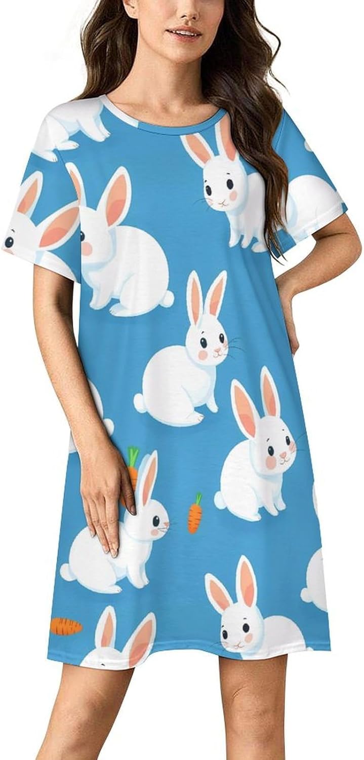 Rabbit Bunny Carrot Printed Womens Nightgown Short Sleeve Sleepshirts Loungewear