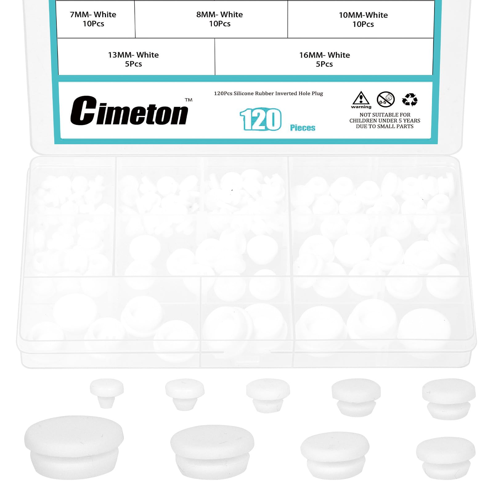 Cimeton 120PCS 9 Sizes Silicone Plugs Assortment Kits 3MM 4MM 5MM 6MM 7MM 8MM 10MM 13MM 16MM White Silicone Snap in Locking Hole Plugs for Round Holes Car Wiring Furniture