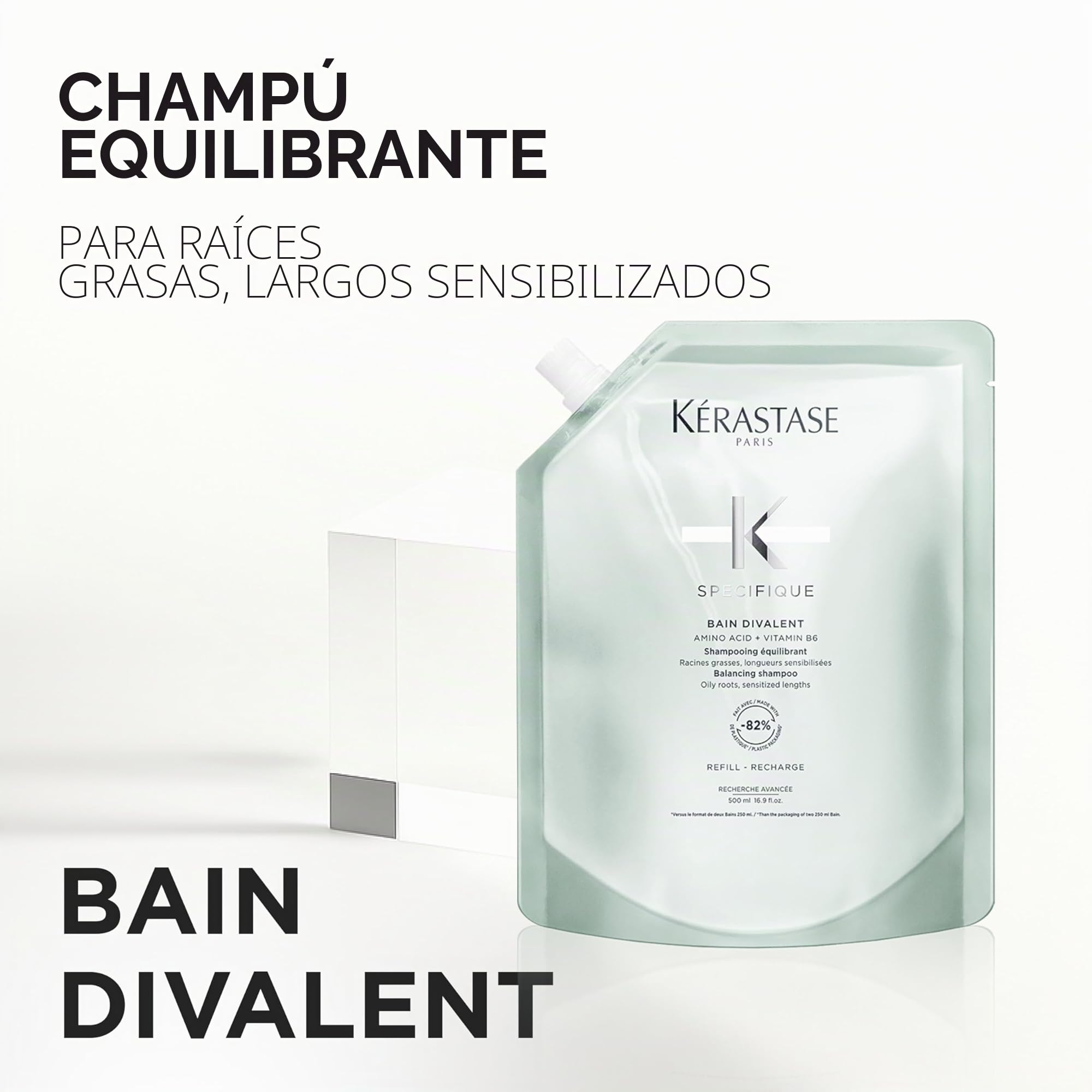 Champú Kérastase para cuero cabelludo graso y puntas maltratadas, baño capilar equilibrante y purificante, Bain Divalent, Spécifique, recarga, 500 ml