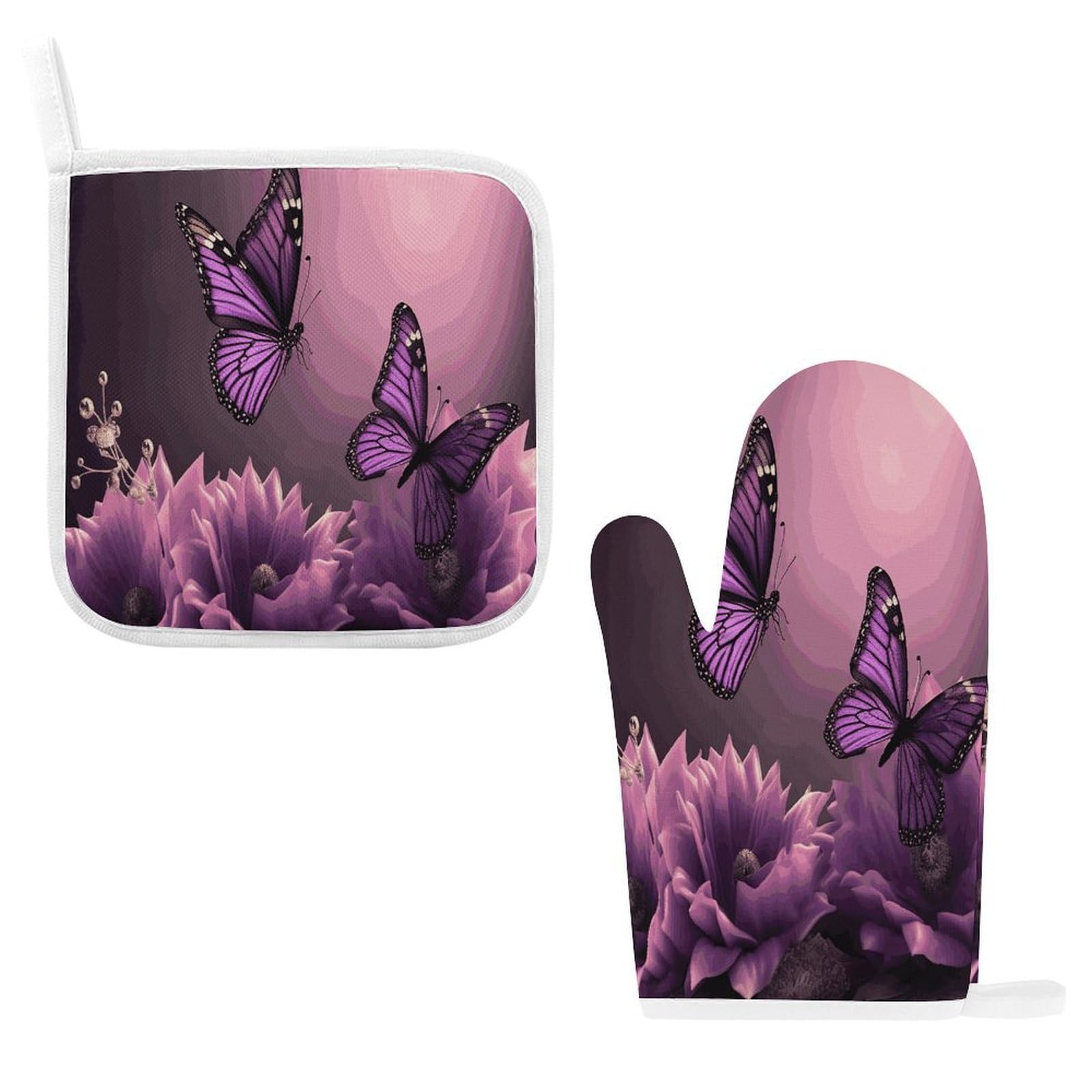 Btcowzrv Style 3D Flowers And Purple Butterfly Oven Mitts And Pot Holders 2Pcs Set